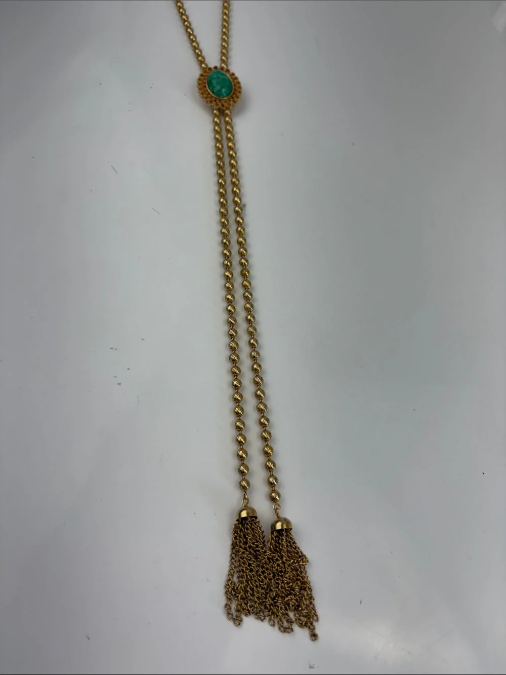 Gold Bead Lariat Necklace with Green Stone Accent
